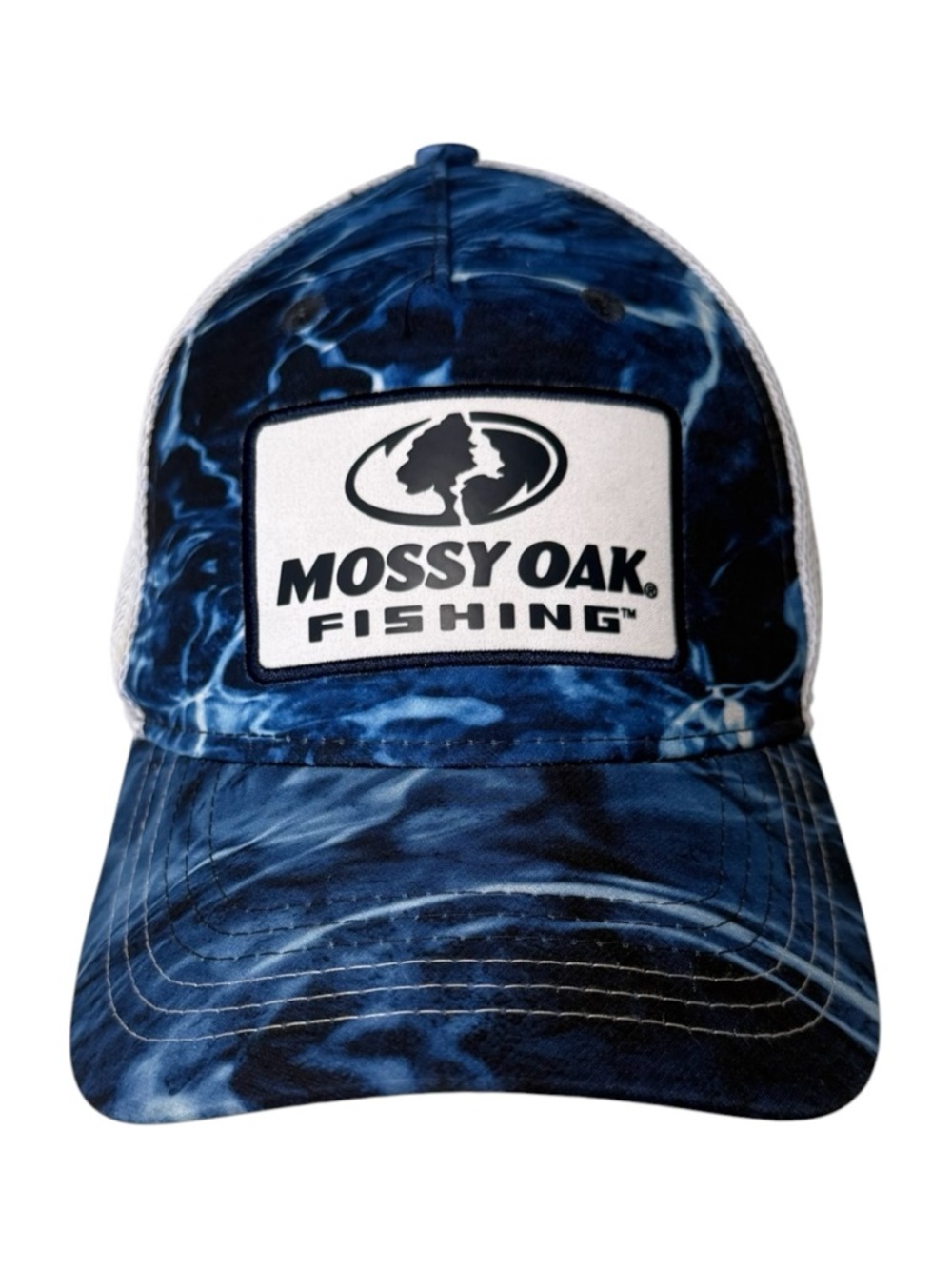Mossy Oak Fishing Hat L/XL Blue Camo Mesh Back Fitted Flexfit Outdoor Cap Fitted